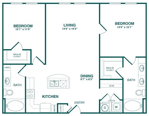 Floor plan for 2 beds, 2 baths, 1128 sqft